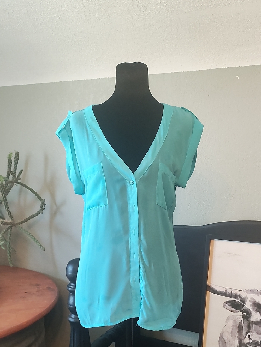 Teal Button Up Blouse With Back Cutout